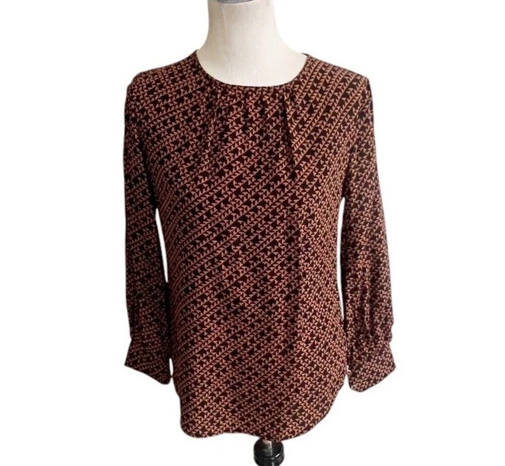 Trina Turk Top Women's Black Brown 100% Silk Geometric Print Long Sleeve Blouse